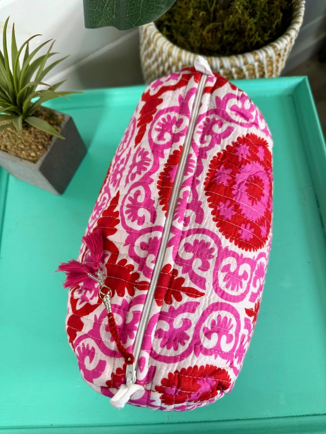 Pink and Red Quilted Makeup Cosmetics Toiletry Bag