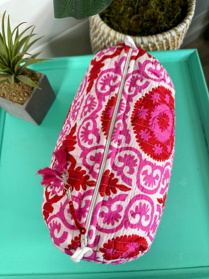 Pink and Red Quilted Makeup Cosmetics Toiletry Bag