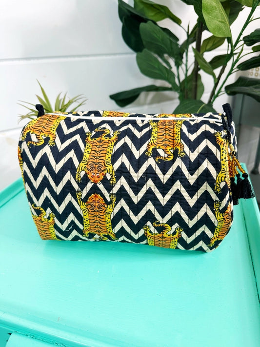 Black White Chevron Tiger Print Quilted Makeup Cosmetics Toiletry Bag