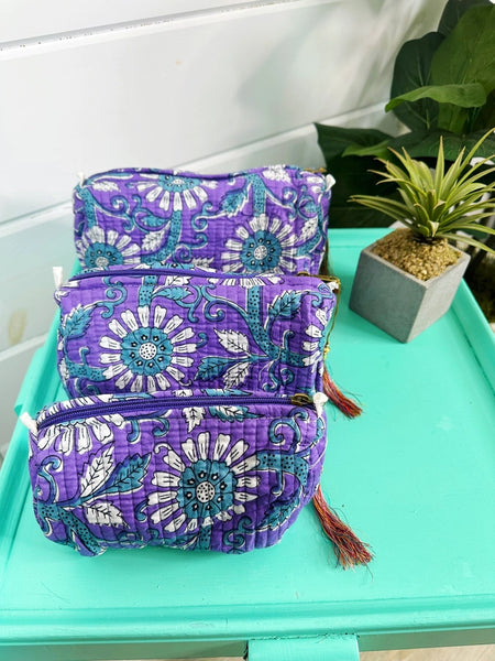 Quilted Block Print Makeup Travel Bag Set - Purple
