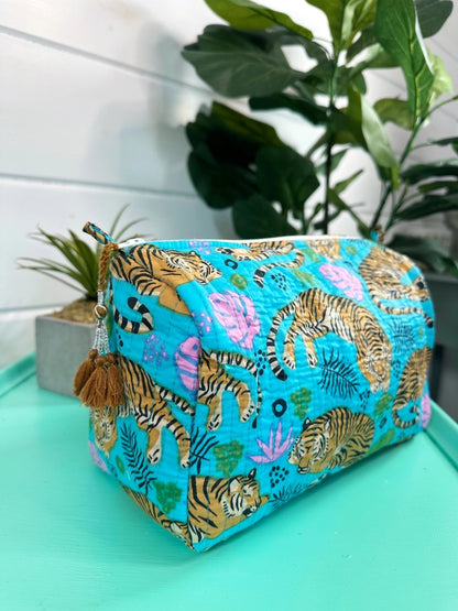 Aqua Blue Tiger Print Quilted Makeup Cosmetics Toiletry Bag