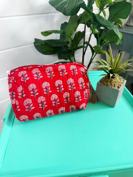 Quilted Block Print Makeup Travel Bag Set - Red