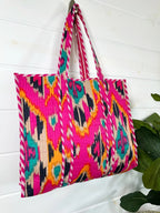 Quilted Cotton Reversible Large Tote Bag - Pink Southwest Ikat Print