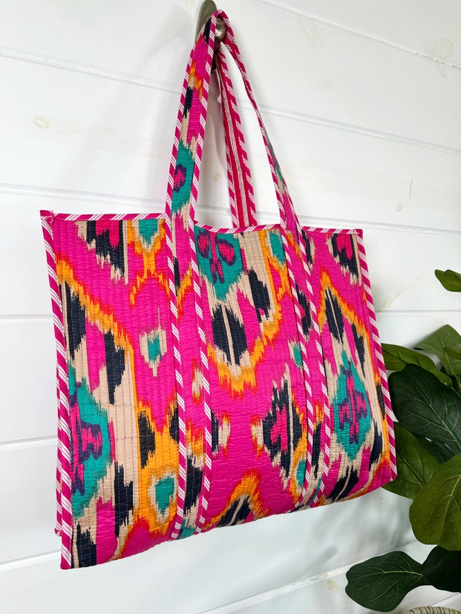 Quilted Cotton Reversible Large Tote Bag - Pink Southwest Ikat Print