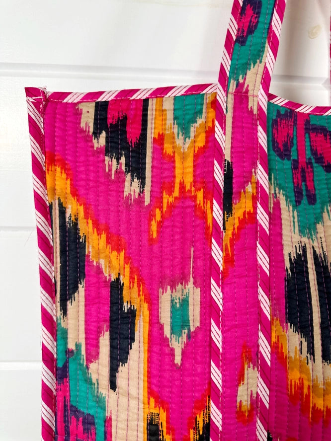 Quilted Cotton Reversible Large Tote Bag - Pink Southwest Ikat Print