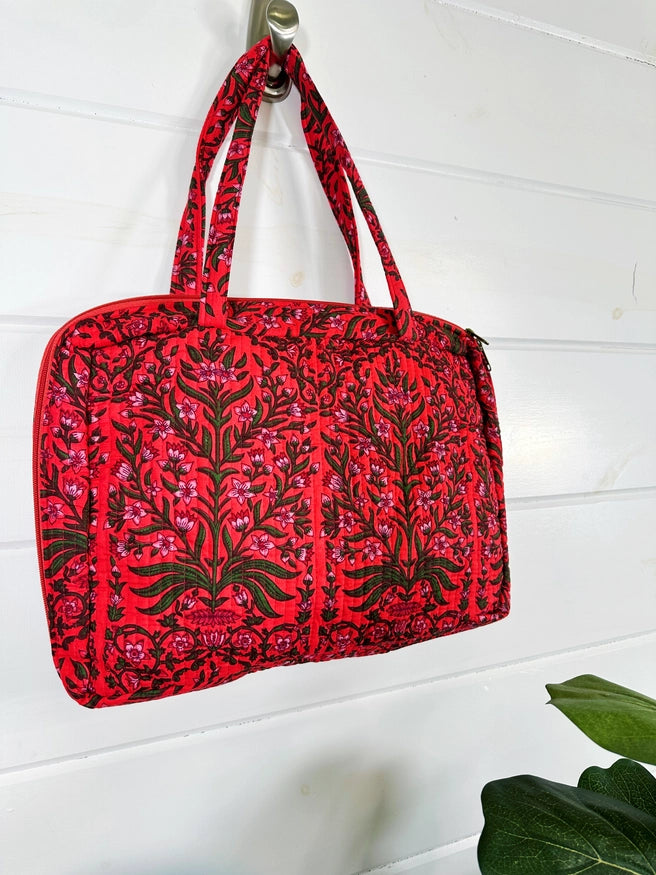 Quilted Toiletry Cosmetics Makeup Travel Bag Case - Coral-Red