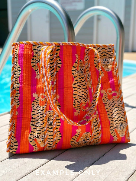 Quilted Block Print Tote Beach Bag Reversible - Aqua Blue