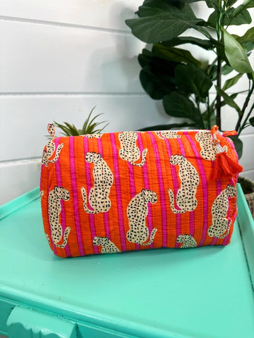 Orange Pink Jaguar Print Quilted Makeup Cosmetics Toiletry Bag