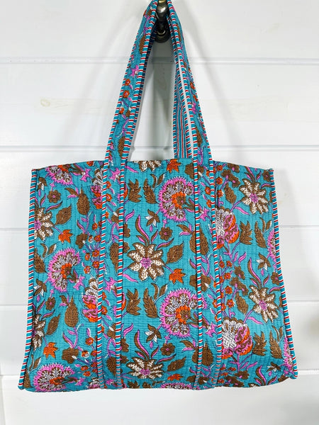 Quilted Block Print Tote Beach Bag Reversible - Aqua Blue