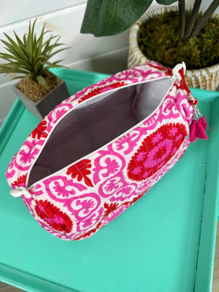 Pink and Red Quilted Makeup Cosmetics Toiletry Bag