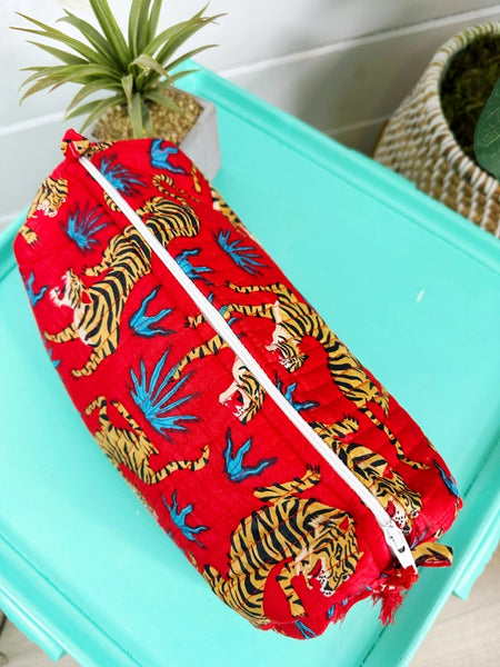 Red Tiger Print Quilted Makeup Cosmetics Toiletry Bag
