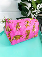 Bright Pink Tiger Print Quilted Makeup Cosmetics Toiletry Bag