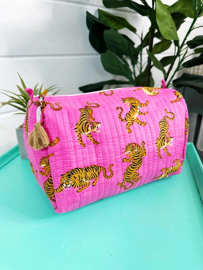 Bright Pink Tiger Print Quilted Makeup Cosmetics Toiletry Bag
