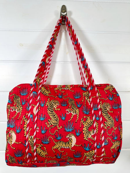 Tiger Print Red Quilted Weekender Overnight Bag