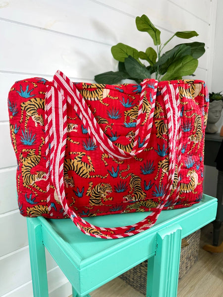 Quilted Overnight Weekender Bag - Red Tigers
