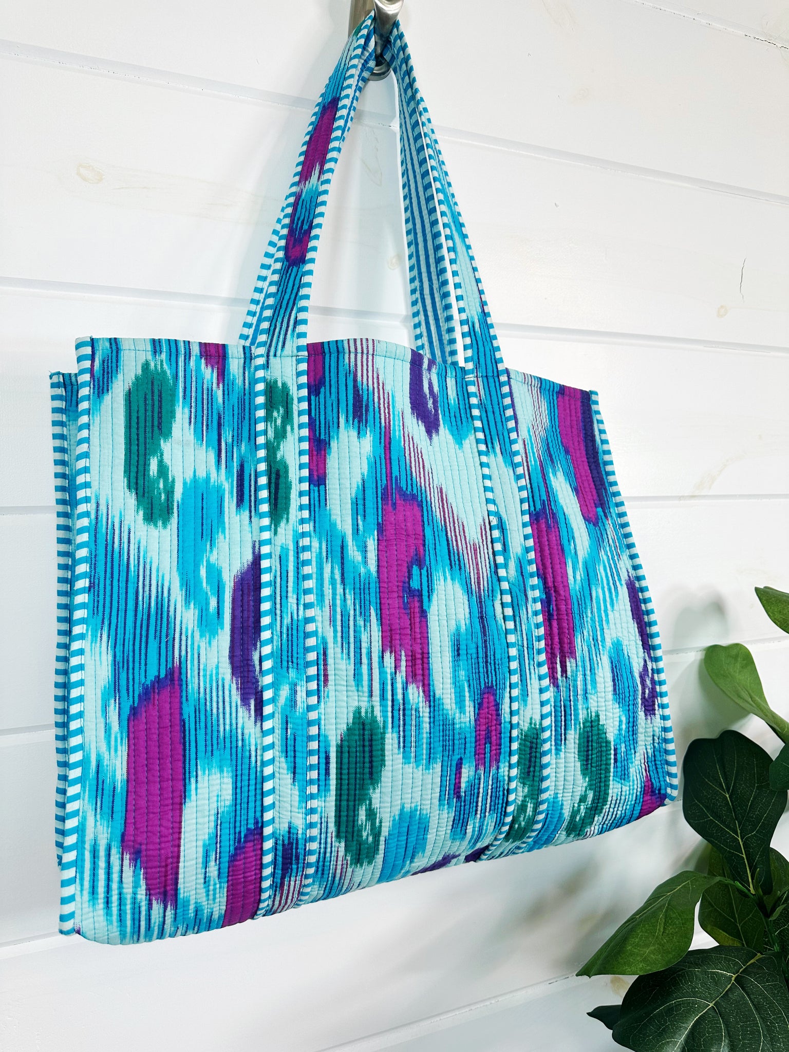 Quilted Block Print Tote Bag Reversible - Aqua Ikat Tie Dye