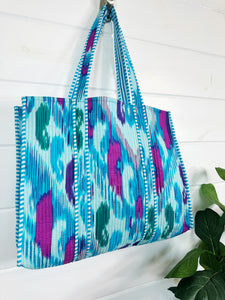 Quilted Block Print Tote Bag Reversible - Aqua Ikat Tie Dye