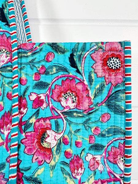 Quilted Block Print Tote Bag Reversible - Aqua Pink
