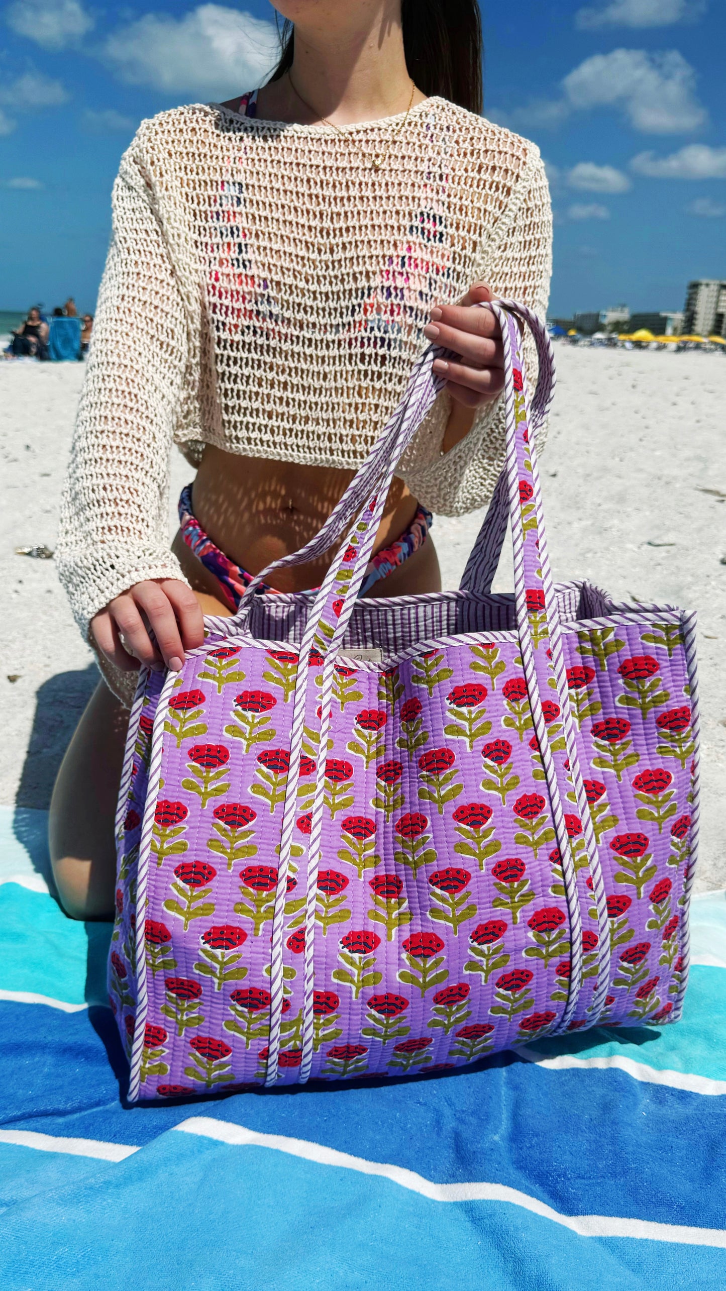 Purple Floral Print Quilted Cotton Reversible Large Tote Bag
