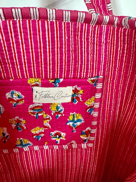 Quilted Block Print Tote Beach Bag Reversible - Pink