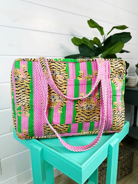 Tiger Print Pink Green Quilted Weekender Overnight Bag
