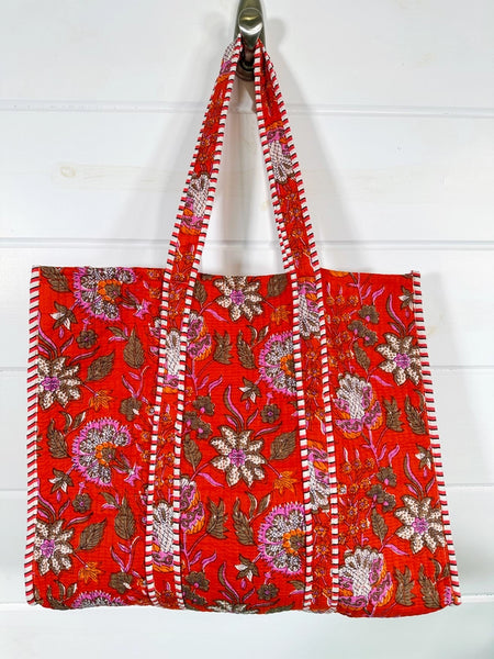 Quilted Block Print Tote Beach Bag Reversible - Orange-Red