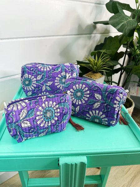 Quilted Block Print Makeup Travel Bag Set - Purple