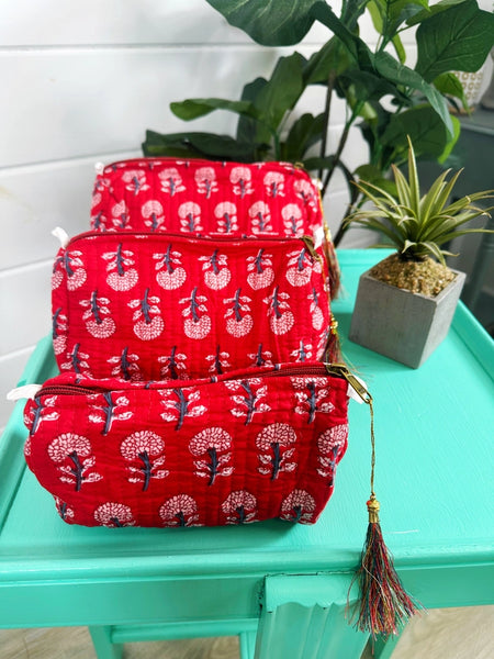 Quilted Block Print Makeup Travel Bag Set - Red