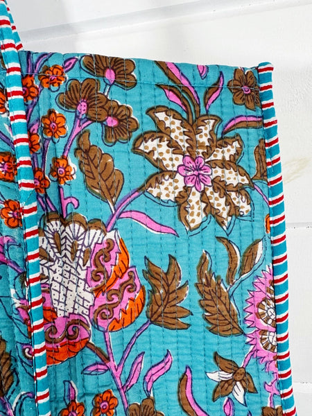 Quilted Block Print Tote Beach Bag Reversible - Aqua Blue