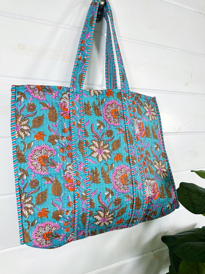 Quilted Block Print Tote Beach Bag Reversible - Aqua Blue