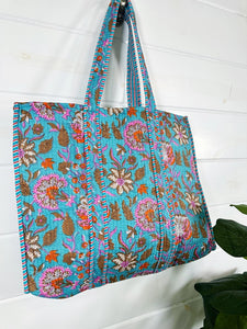 Quilted Block Print Tote Beach Bag Reversible - Aqua Blue