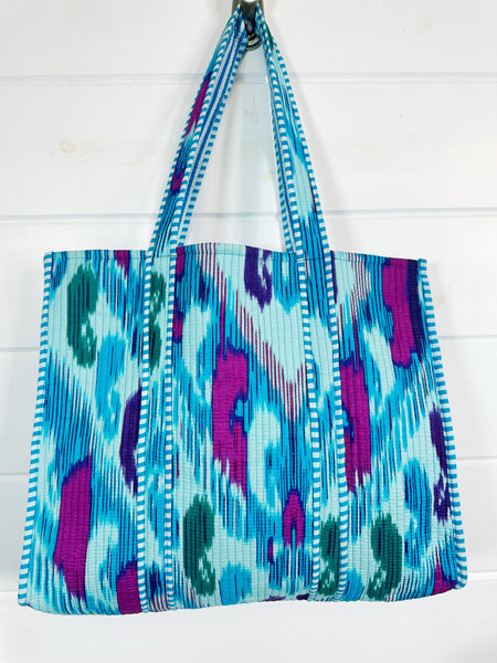 Quilted Block Print Tote Bag Reversible - Aqua Ikat Tie Dye