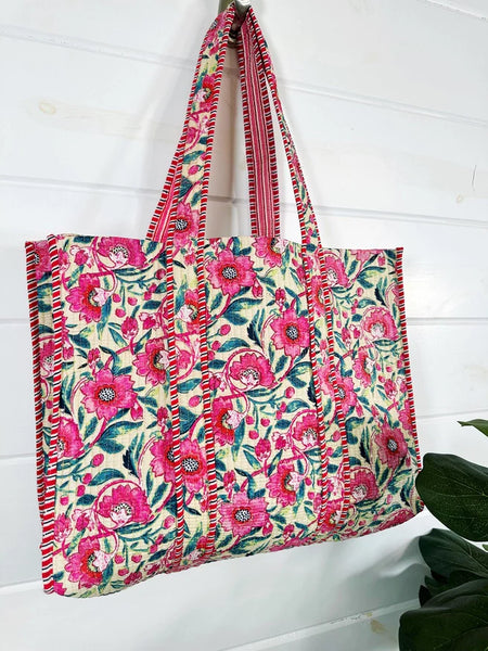 Quilted Block Print Tote Beach Bag Reversible - Ivory Pink