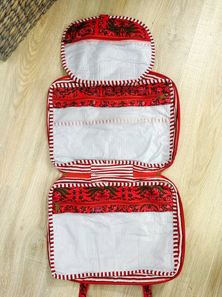 Quilted Toiletry Cosmetics Makeup Travel Bag Case - Coral-Red