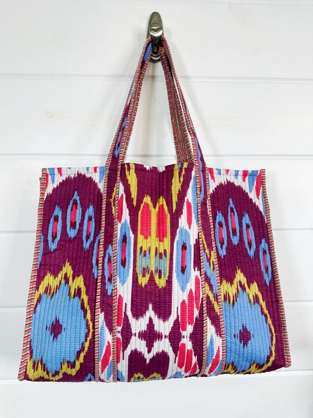 Quilted Block Print Tote Bag Reversible - Plum Ikat Tie Dye