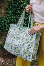 Quilted Large Tote Bag - Aqua Tie Dye Print
