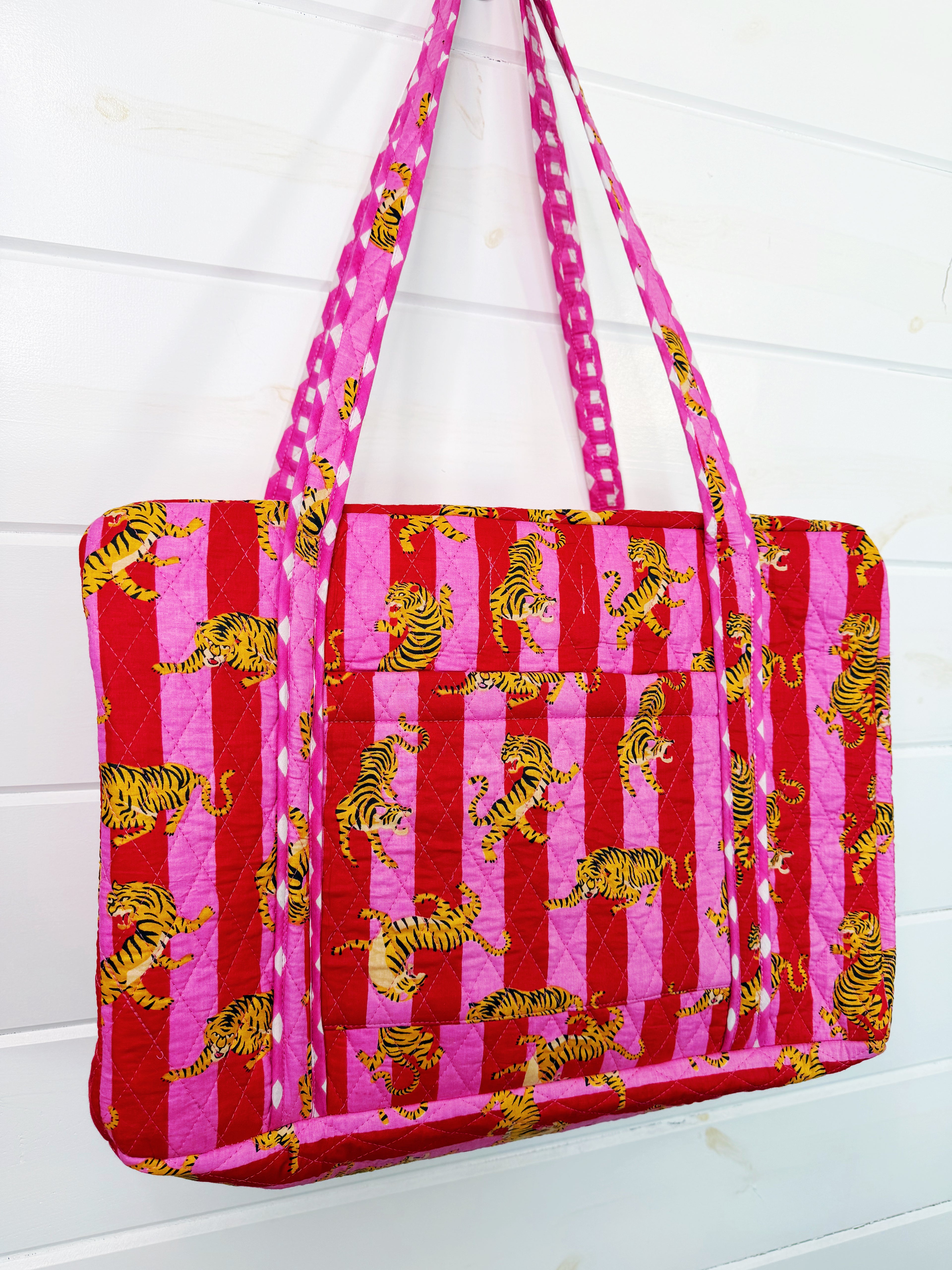 Quilted Overnight Weekender Bag - Pink Red Tiger Print