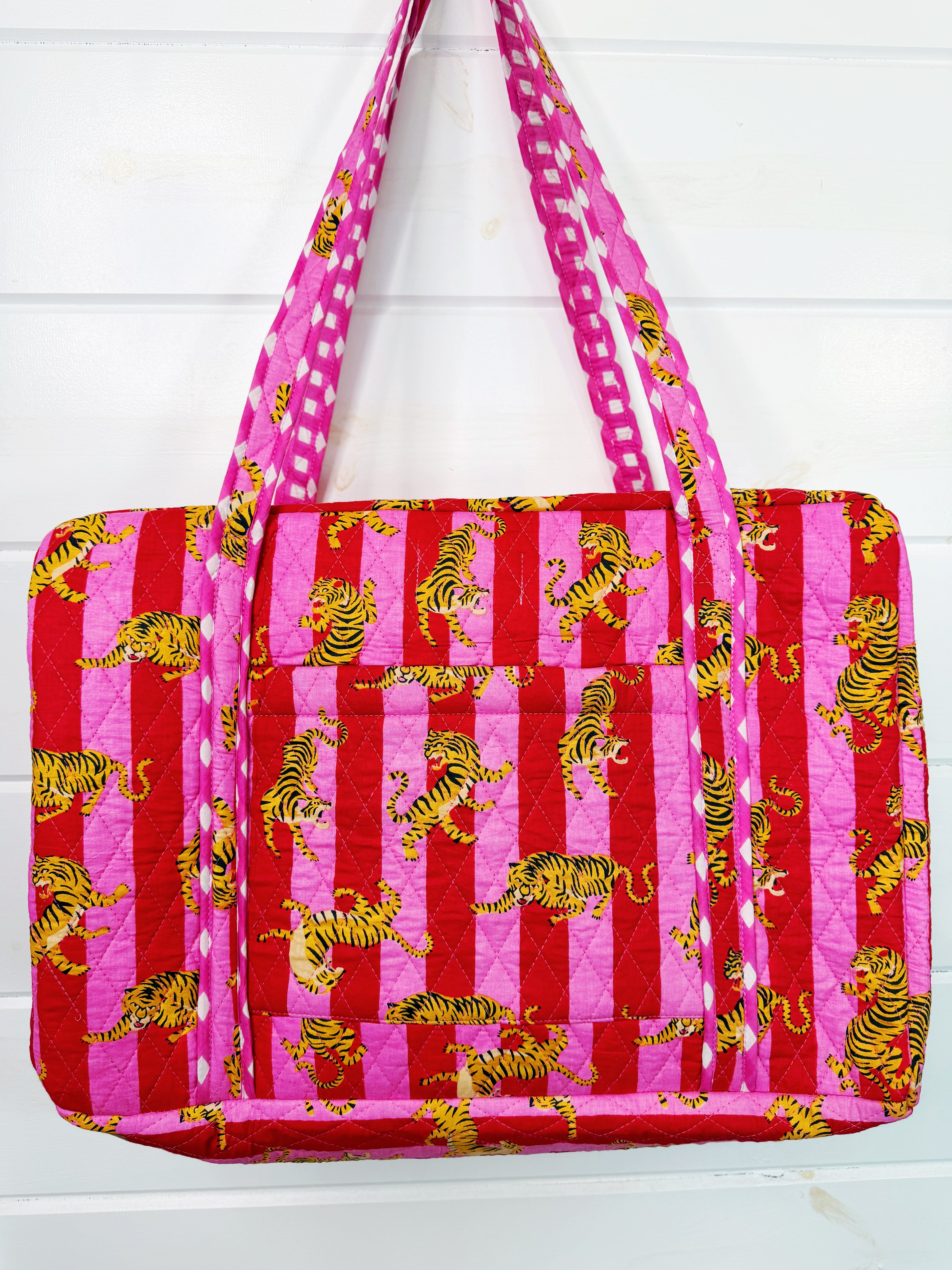 Quilted Overnight Weekender Bag - Pink Red Tiger Print