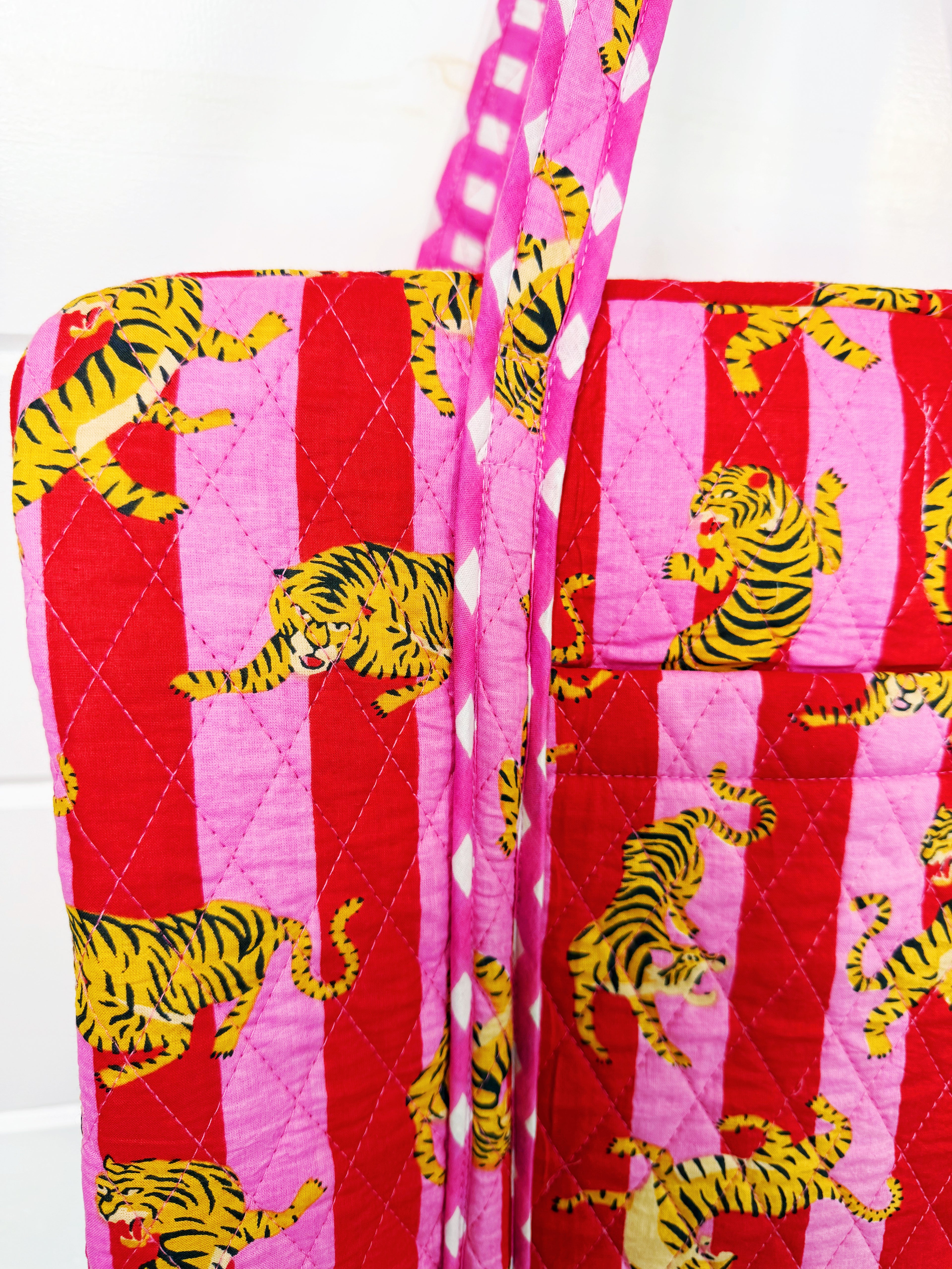 Quilted Overnight Weekender Bag - Pink Red Tiger Print