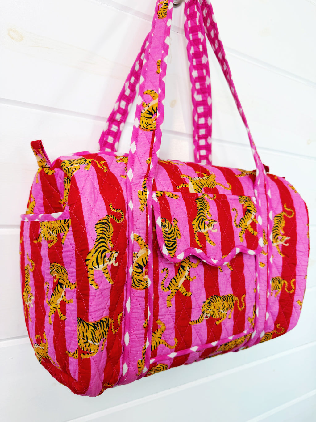 Quilted Mini Duffle Bag - Pink Red Tiger Print