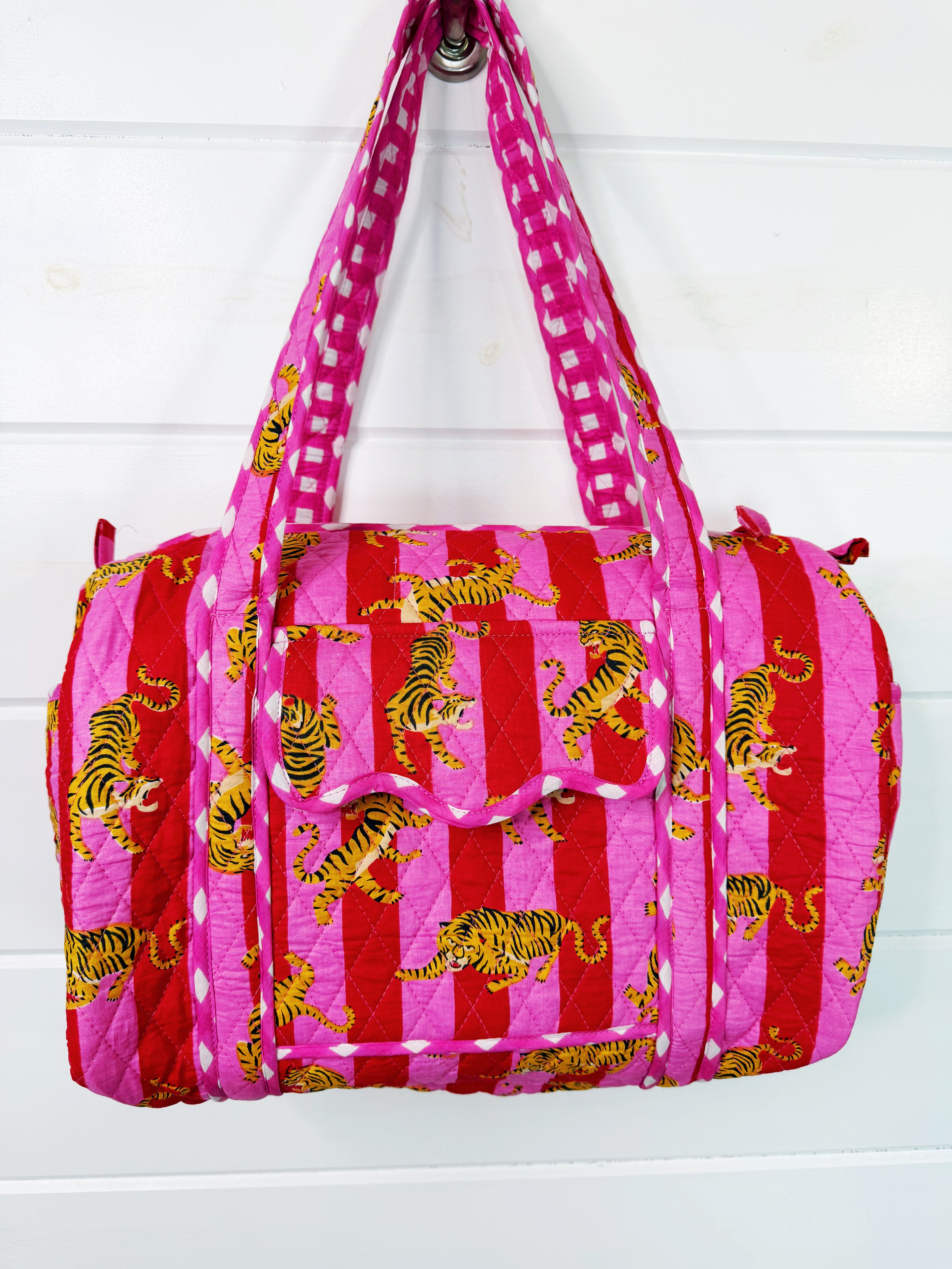 Quilted Mini Duffle Bag - Pink Red Tiger Print