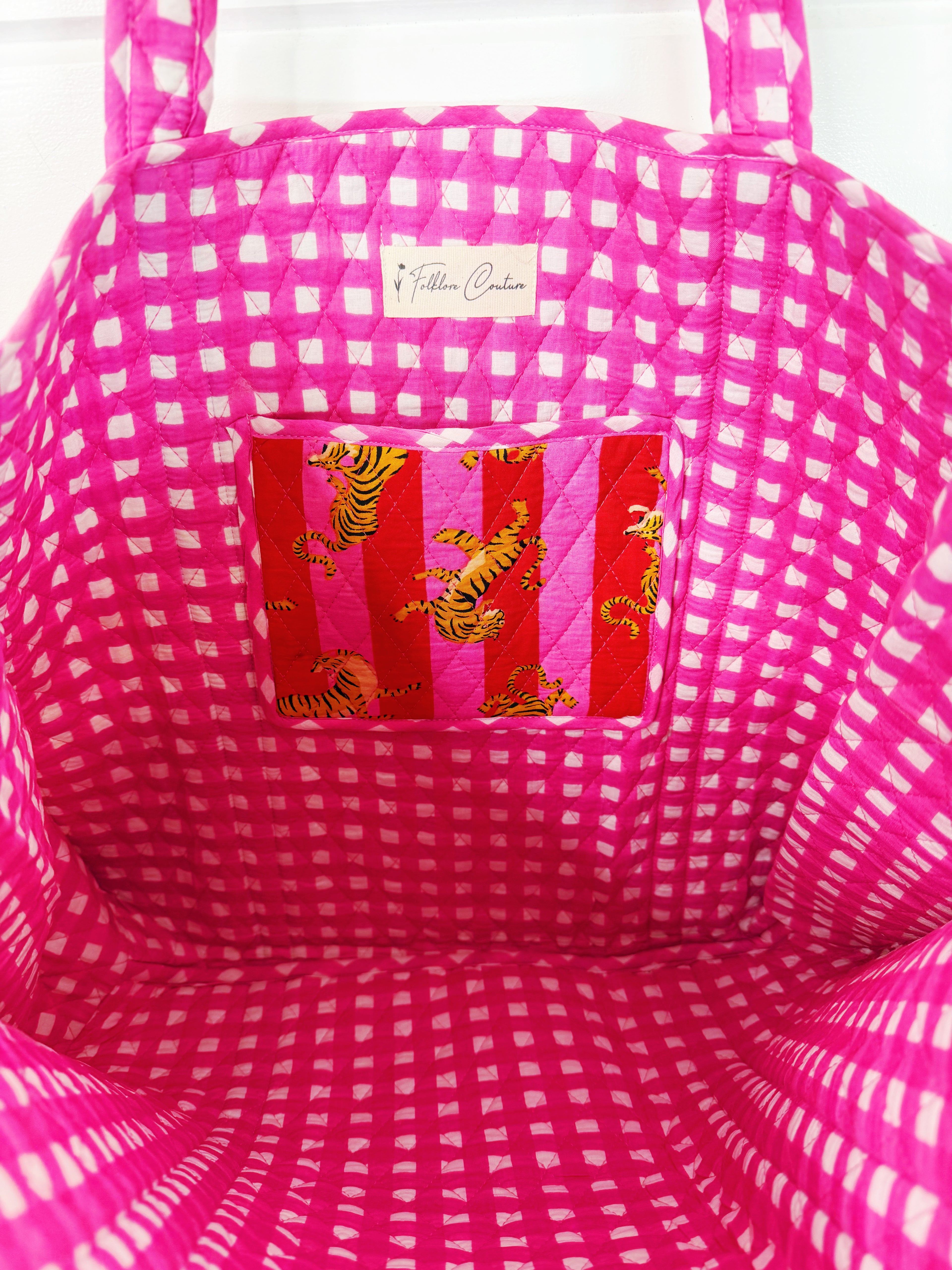 Large Quilted Travel Tote Bag - Pink Red Tiger Print