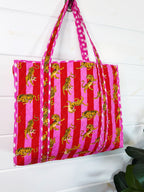 Large Quilted Travel Tote Bag - Pink Red Tiger Print