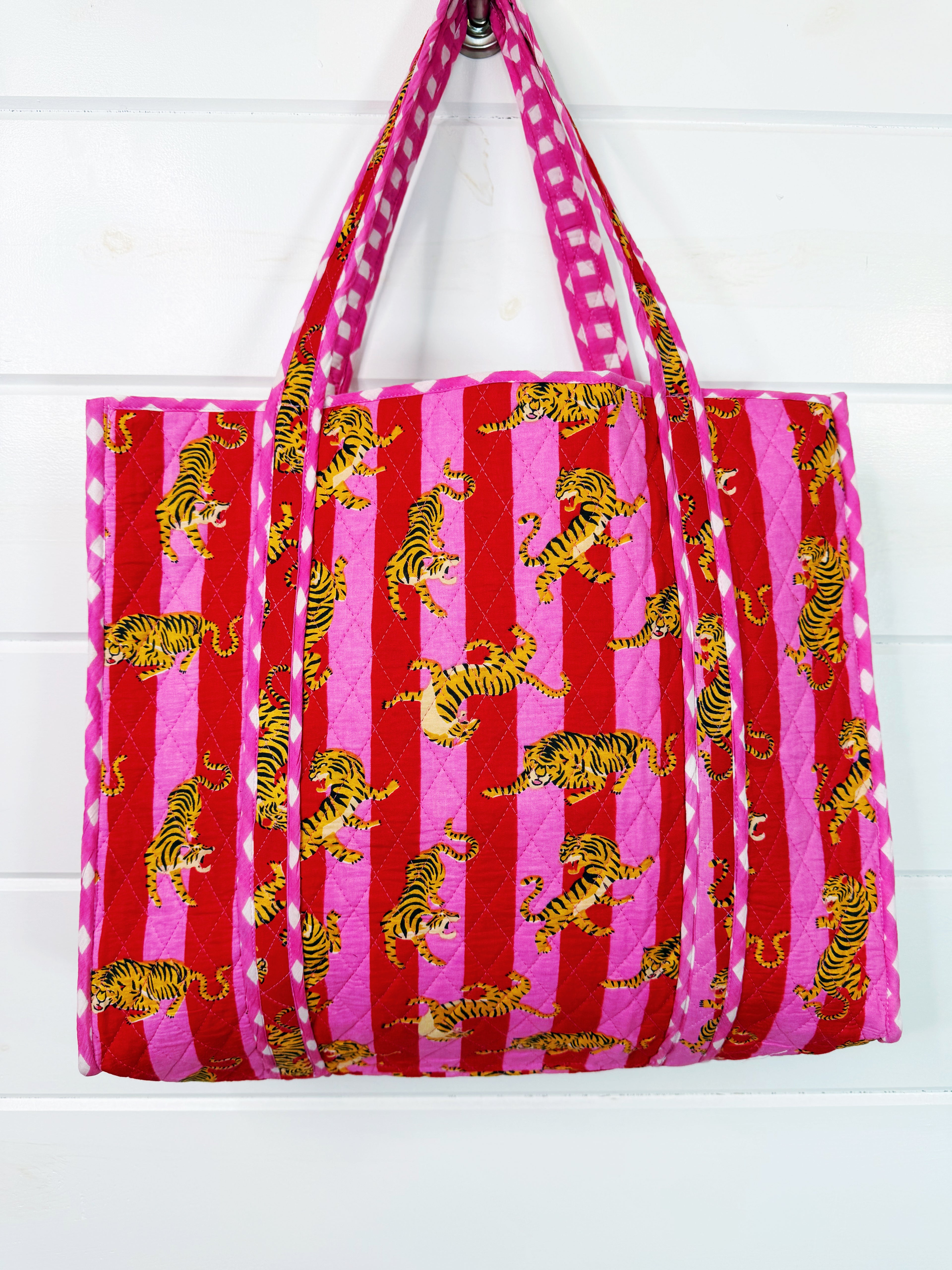 Large Quilted Travel Tote Bag - Pink Red Tiger Print