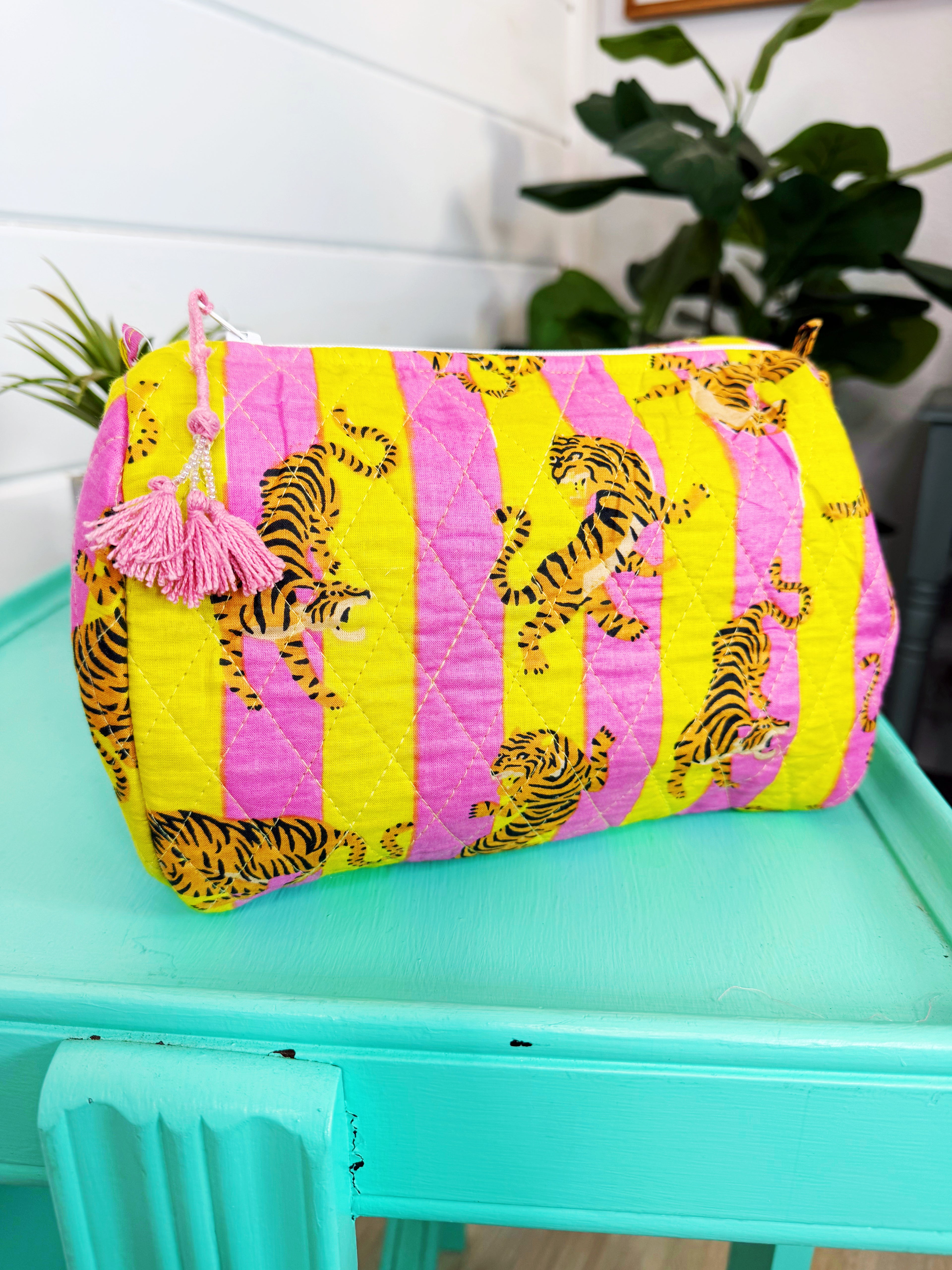 Quilted Makeup Cosmetics Toiletry Bag - Lemonade Tiger Print