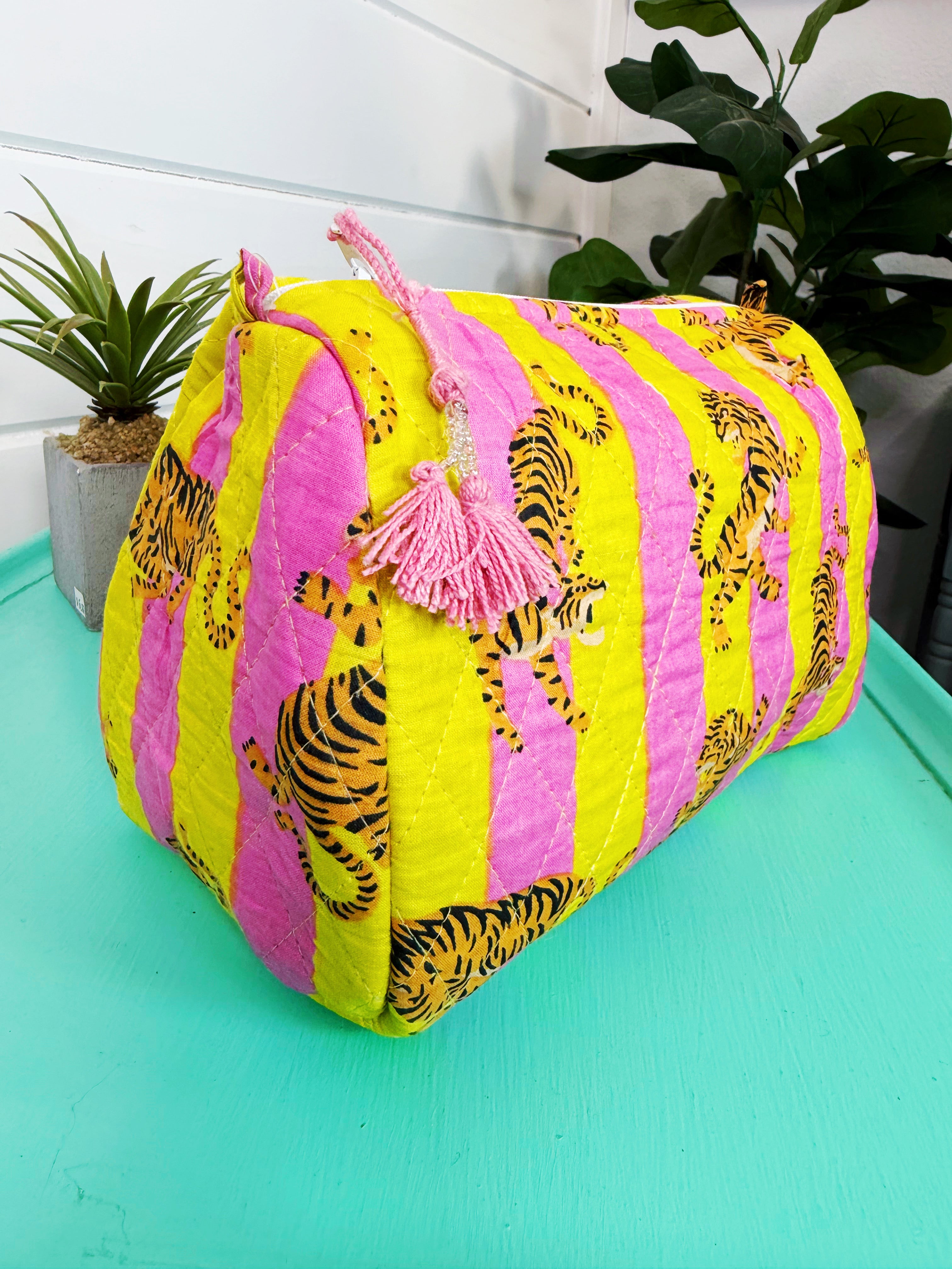 Quilted Makeup Cosmetics Toiletry Bag - Lemonade Tiger Print