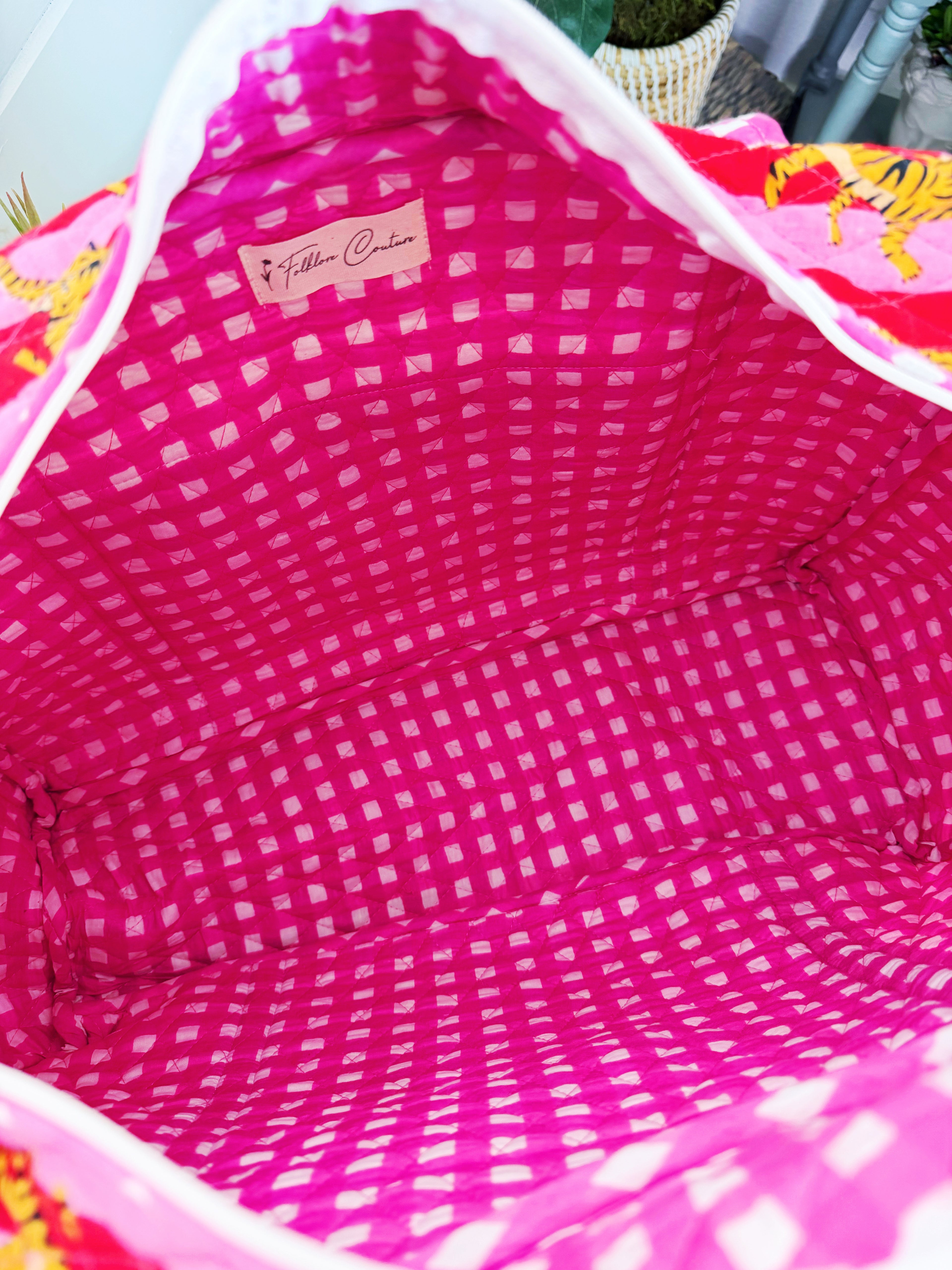 Quilted Overnight Weekender Bag - Pink Red Tiger Print