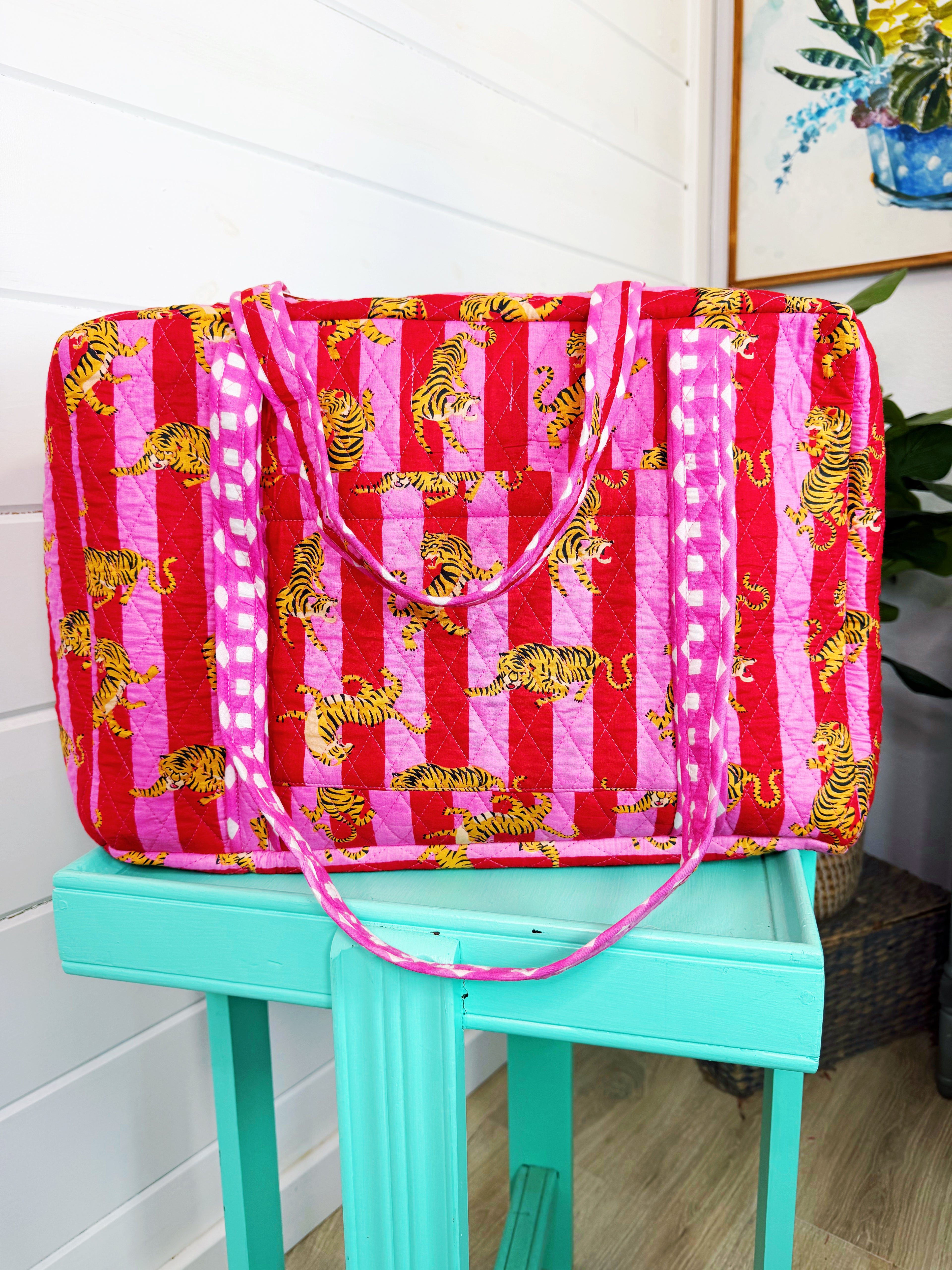 Quilted Overnight Weekender Bag - Pink Red Tiger Print