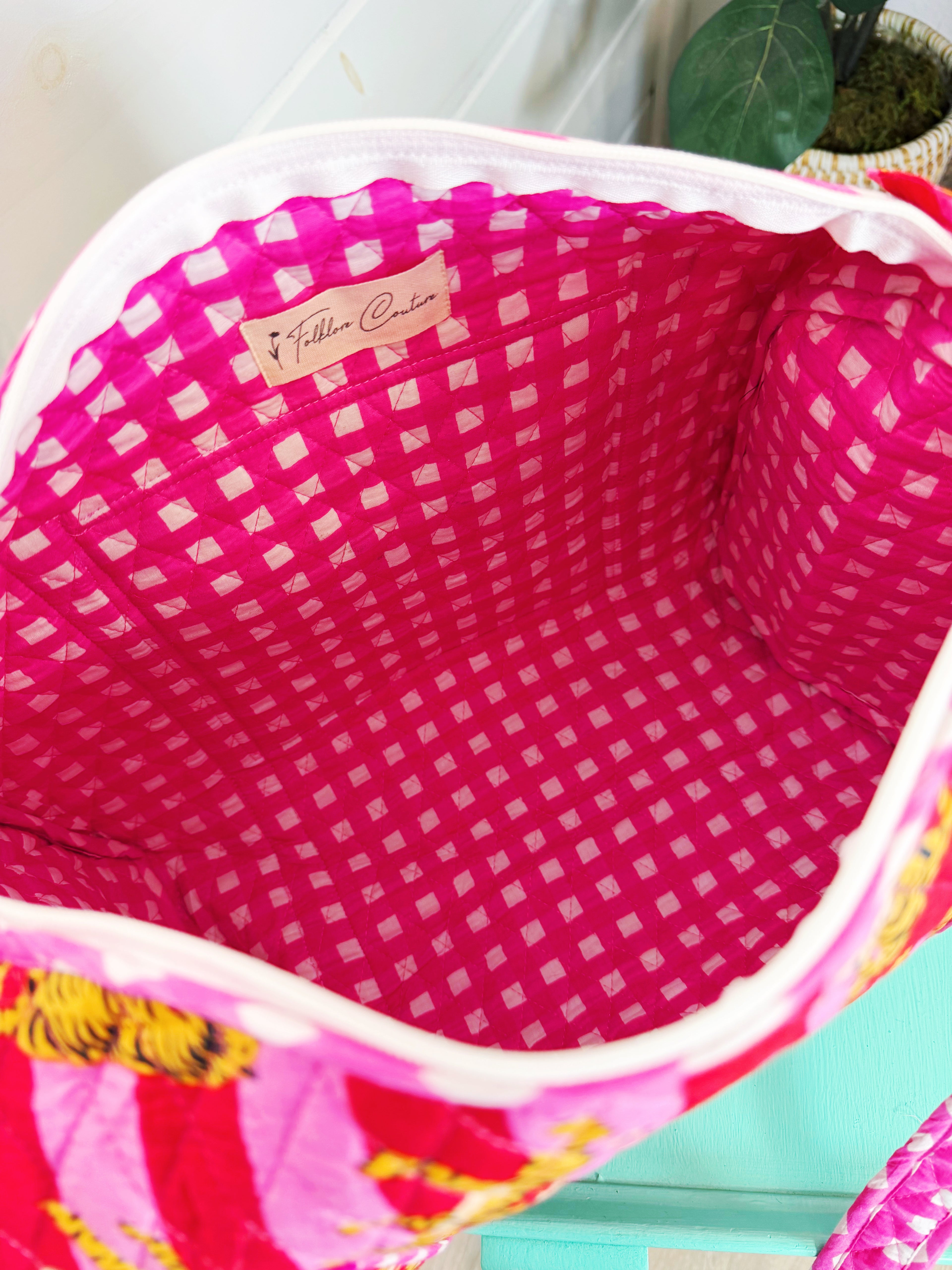 Quilted Mini Duffle Bag - Pink Red Tiger Print