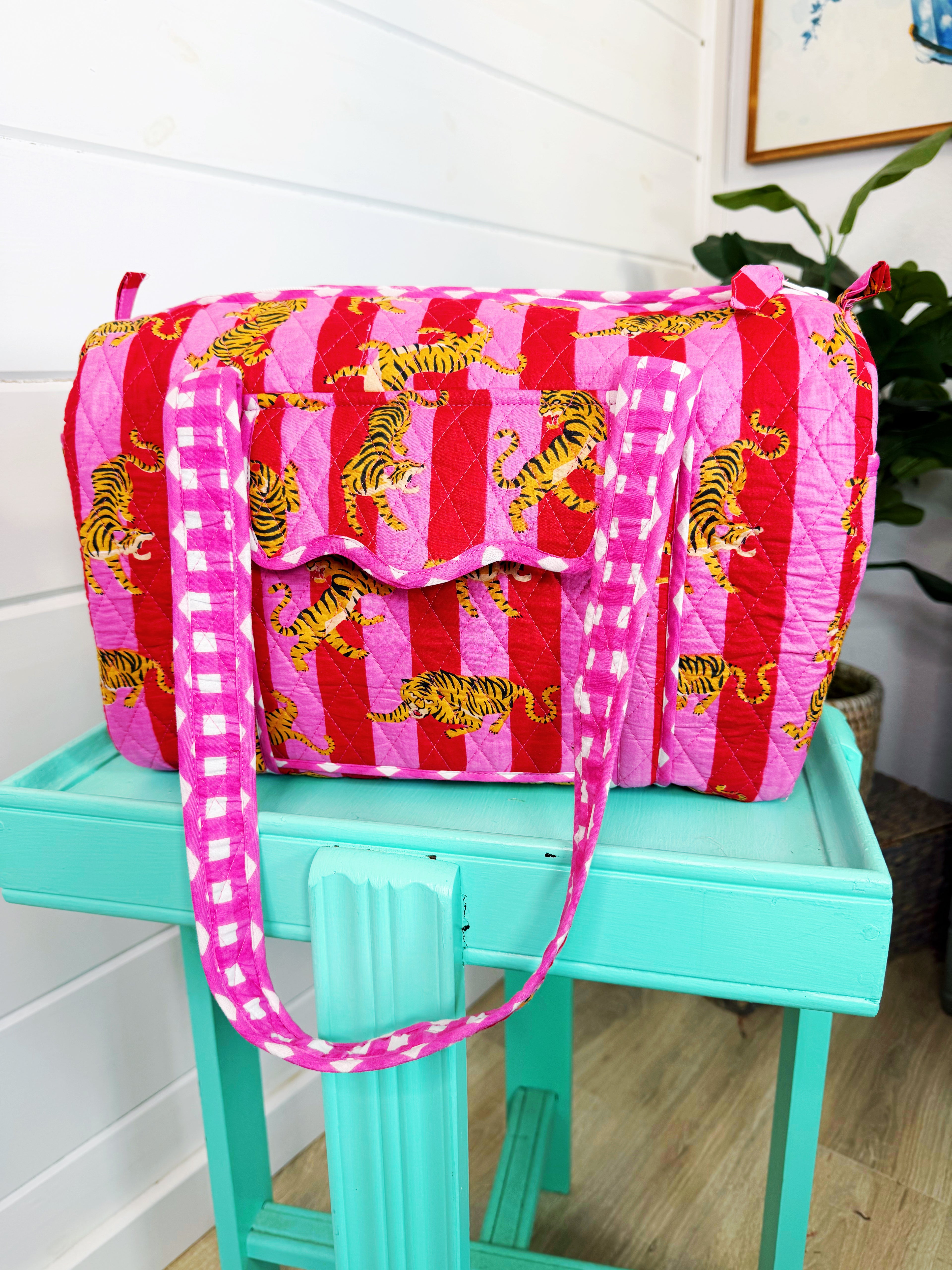 Quilted Mini Duffle Bag - Pink Red Tiger Print
